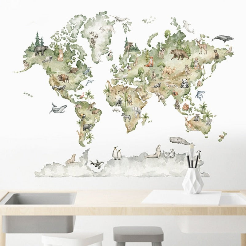 Watercolor Animals Wildlife World Map Wall Stickers - Just Kidding Store