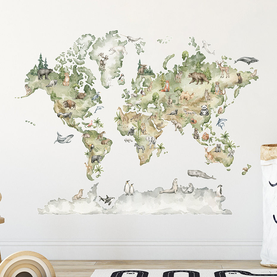 Watercolor Animals Wildlife World Map Wall Stickers