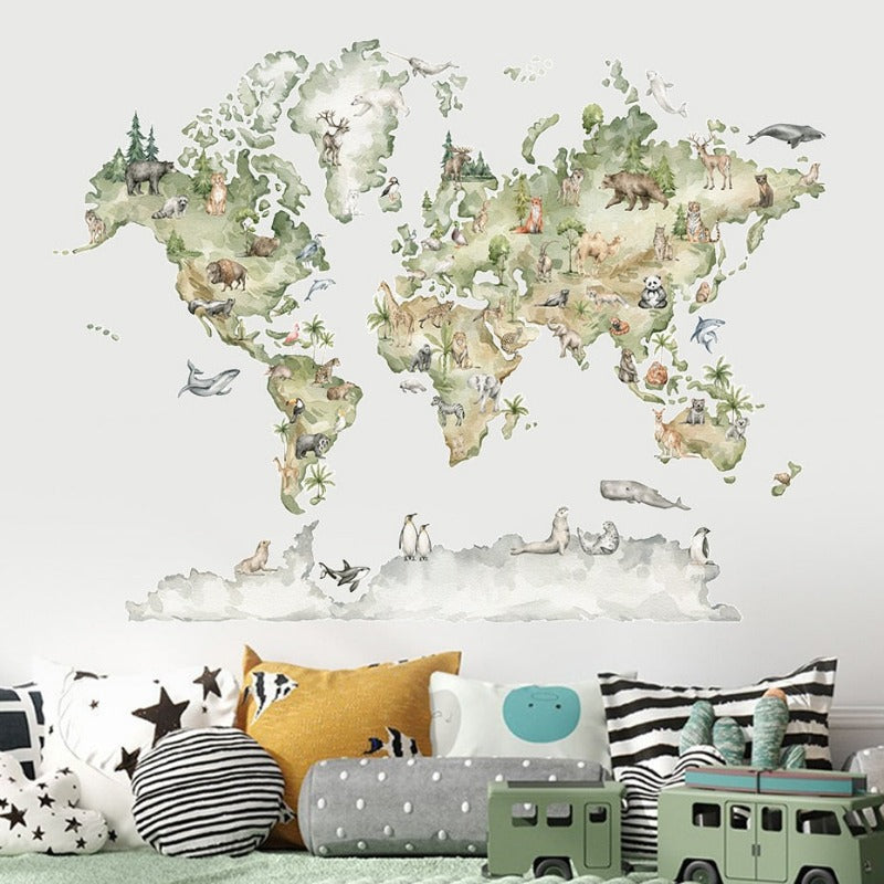 Watercolor Animals Wildlife World Map Wall Stickers - Just Kidding Store