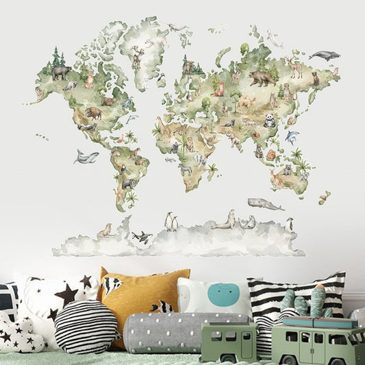 Watercolor Animals Wildlife World Map Wall Stickers - Just Kidding Store