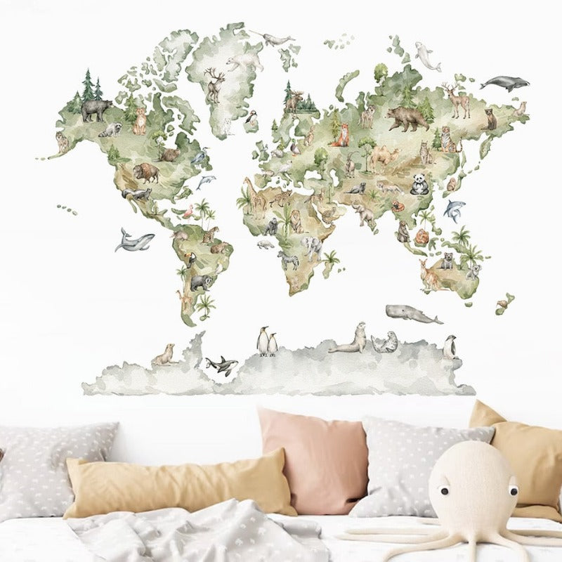 Watercolor Animals Wildlife World Map Wall Stickers - Just Kidding Store
