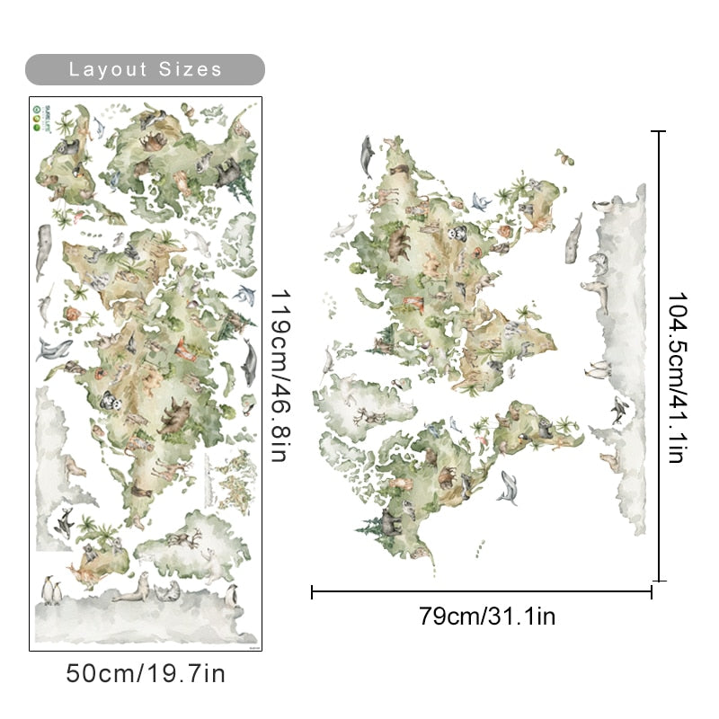 Watercolor Animals Wildlife World Map Wall Stickers - Just Kidding Store