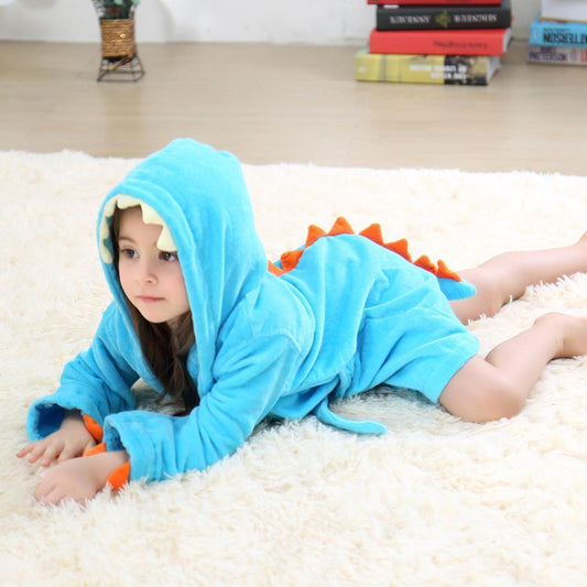 Velvet Hooded Kids Bath Robe - Blue Dinosaur