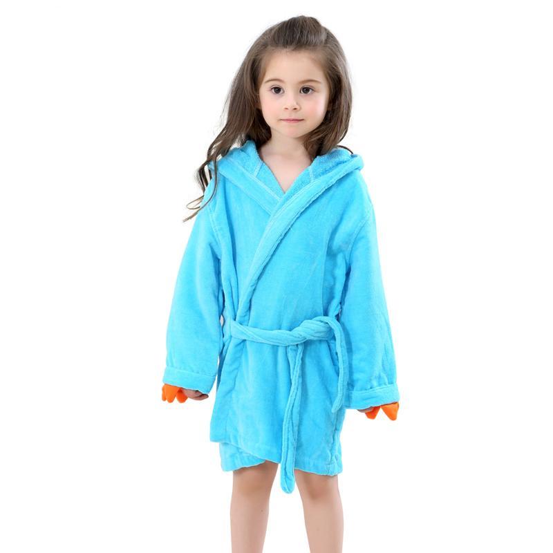 Velvet Hooded Kids Bath Robe - Blue Dinosaur