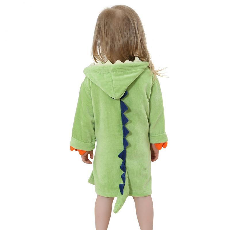 Velvet Hooded Kids Bath Robe - Light Green Dinosaur - Just Kidding Store