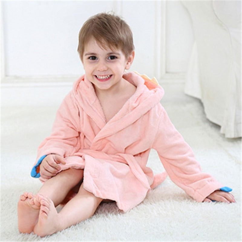 Velvet Hooded Kids Bath Robe - Pink Dinosaur