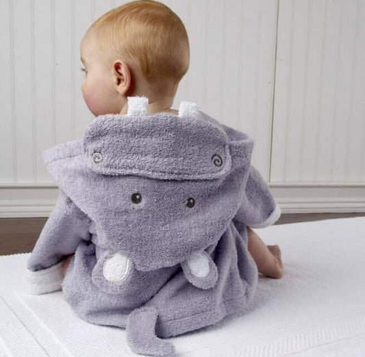 Baby Hooded Bathrobe - Terry Towel - Cyan Hippo - Just Kidding