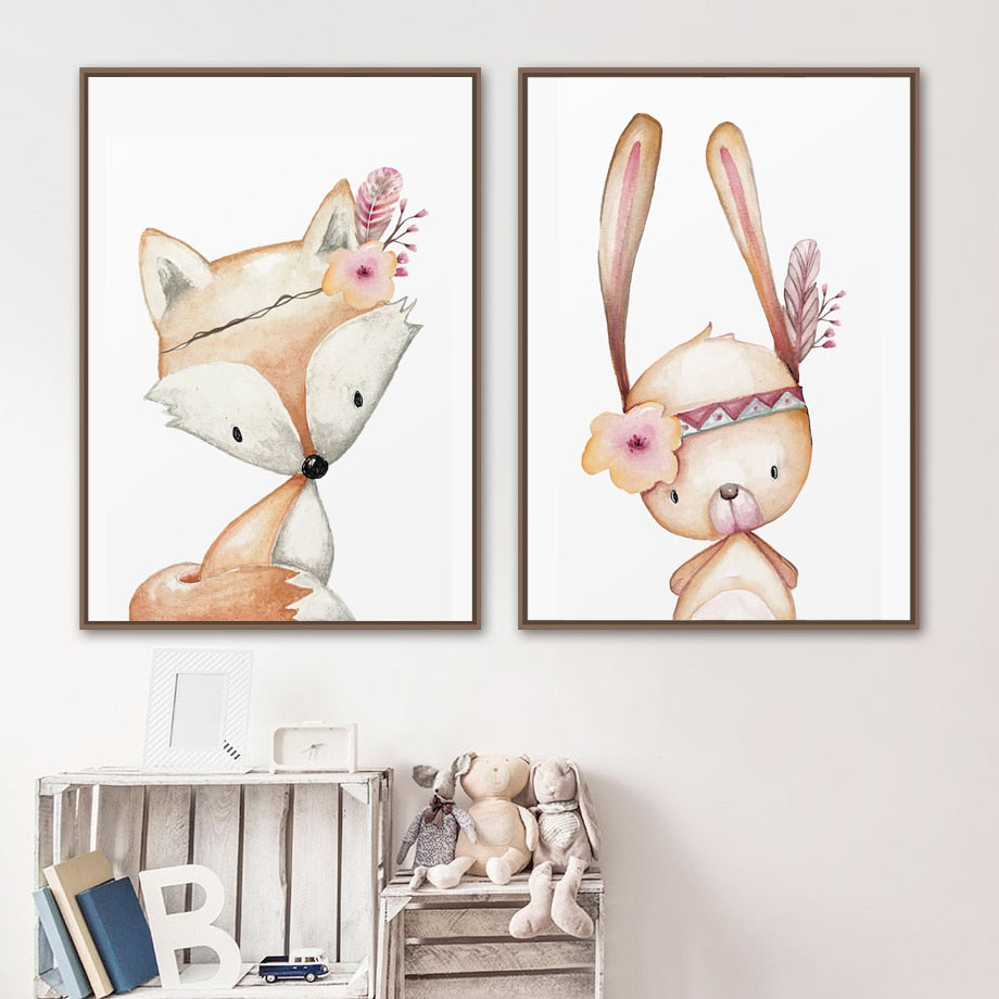 Woodland Animals Canvas Paintings Rabbit Fox Deer - Just Kidding Store