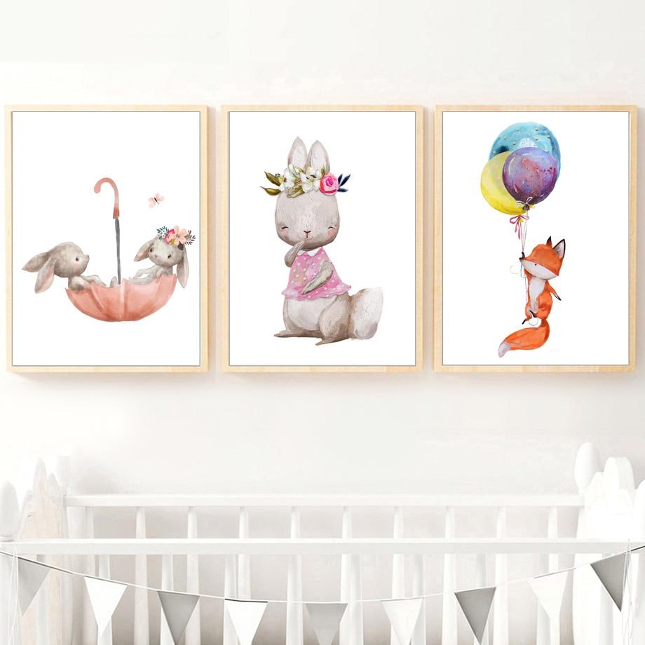 Watercolor Canvas Kids Art Floating Rabbits , Fox - Just Kidding Store
