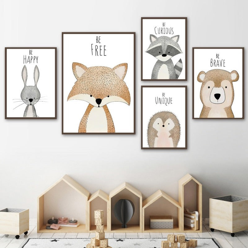 Woodland Animals Canvas Art - Deer Bear Fox Rabbit Raccoon Hedgehog - Just Kidding Store