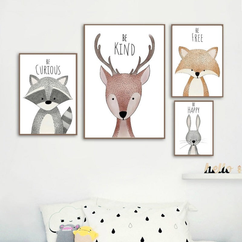 Woodland Animals Canvas Art - Deer Bear Fox Rabbit Raccoon Hedgehog - Just Kidding Store