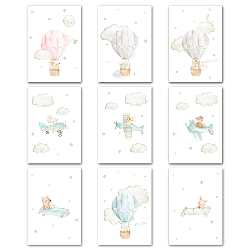 Hot Air  Balloon, Airplane, Car Canvas Wall Art Nursery Prints - Just Kidding Store