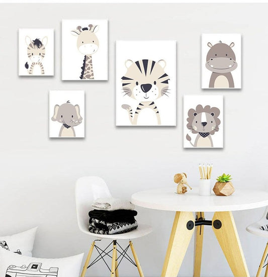 Safari Animals Canvas Art - Zebra, Elephant, Lion, Hippo, Giraffe, Tiger - Just Kidding Store