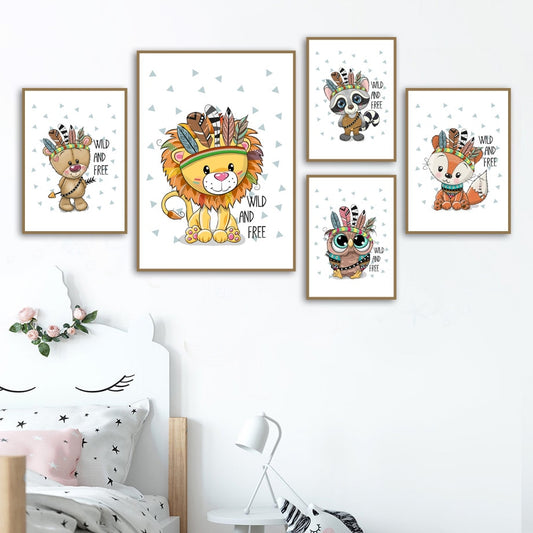 Wild And Free Canvas Wall Art - Tribal Lion Bear Owl Fox Raccoon - Just Kidding Store