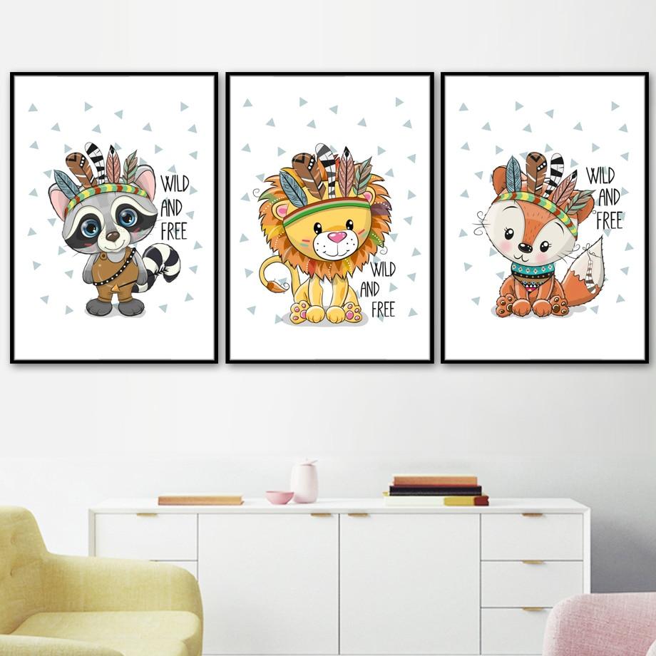 Wild And Free Canvas Wall Art - Tribal Lion Bear Owl Fox Raccoon - Just Kidding Store