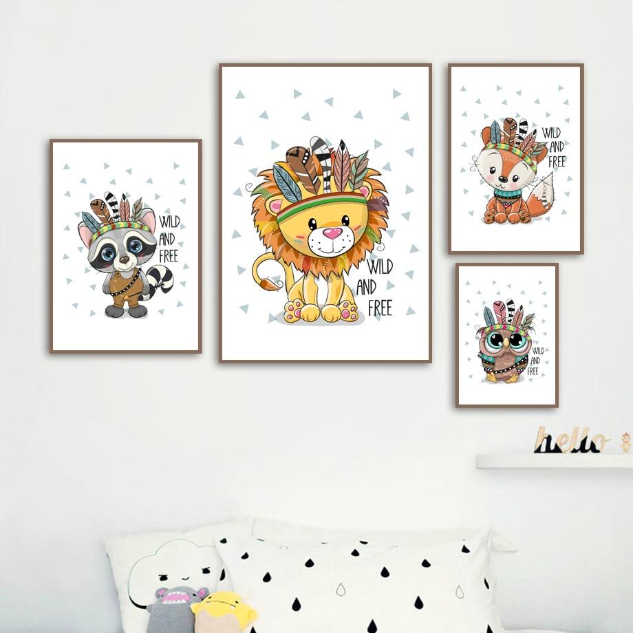 Wild And Free Canvas Wall Art - Tribal Lion Bear Owl Fox Raccoon - Just Kidding Store