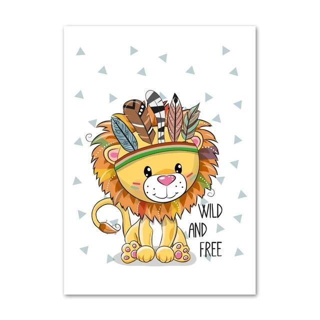 Wild And Free Canvas Wall Art - Tribal Lion Bear Owl Fox Raccoon - Just Kidding Store