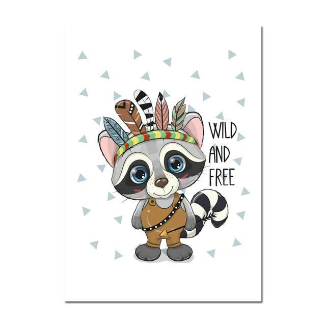 Wild And Free Canvas Wall Art - Tribal Lion Bear Owl Fox Raccoon - Just Kidding Store
