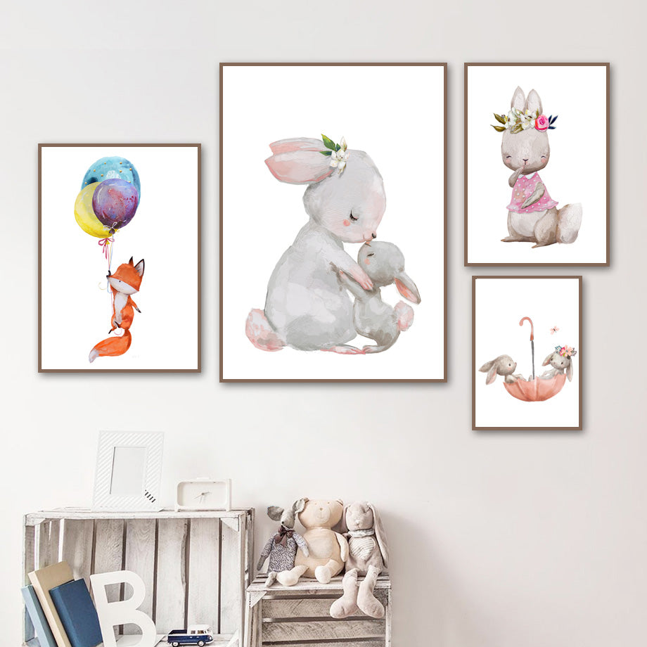 Watercolor Canvas Kids Art Floating Rabbits , Fox - Just Kidding Store