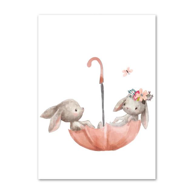 Watercolor Canvas Kids Art Floating Rabbits , Fox - Just Kidding Store