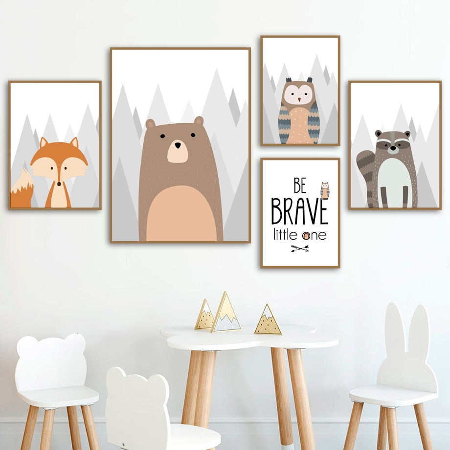 Woodland Animals Canvas Art - Bear, Owl, Fox, Raccoon Wall Posters - Just Kidding Store