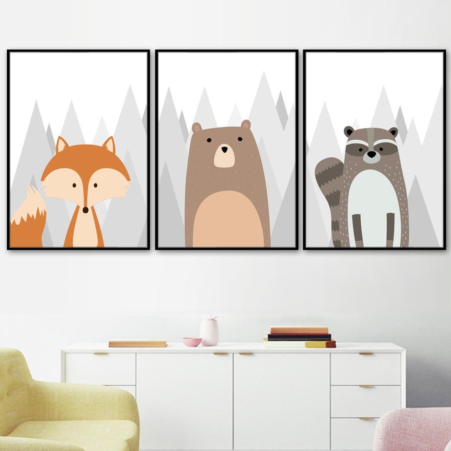 Woodland Animals Canvas Art - Bear, Owl, Fox, Raccoon Wall Posters - Just Kidding Store