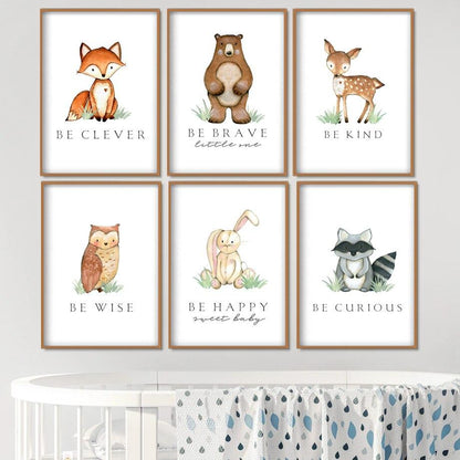 Woodland Animals Wall Art - Bear, Fox, Fawn, Rabbit, Owl, Raccoon - Just Kidding Store