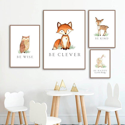 Woodland Animals Wall Art - Bear, Fox, Fawn, Rabbit, Owl, Raccoon - Just Kidding Store