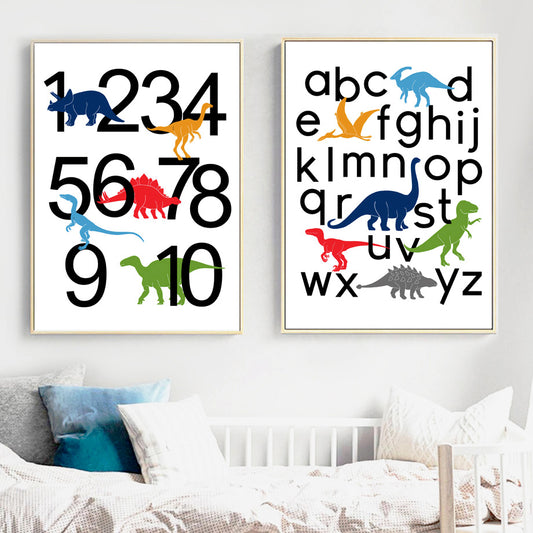 Dinosaur Letters And Numbers Canvas Wall Art