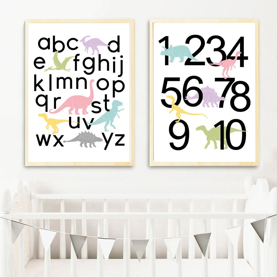 Dinosaur Letters And Numbers Canvas Wall Art