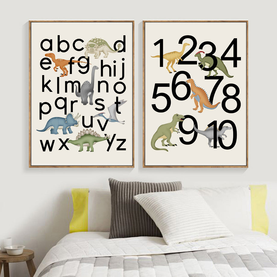 Dinosaur Letters And Numbers Canvas Wall Art