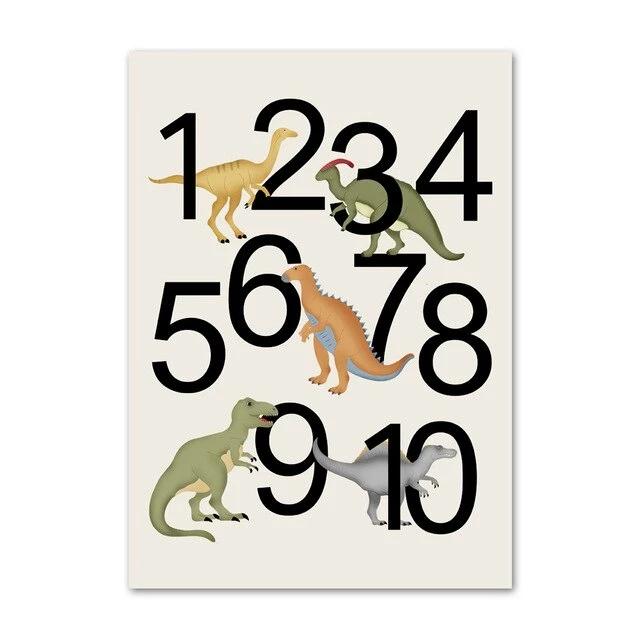 Dinosaur Letters And Numbers Canvas Wall Art