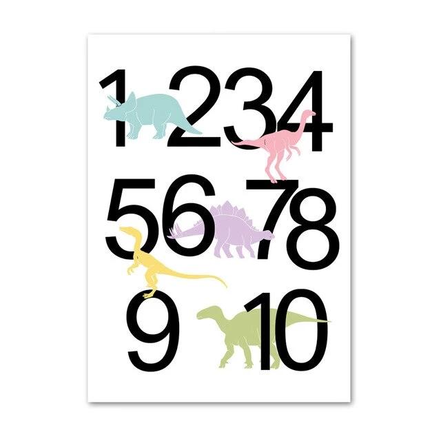 Dinosaur Letters And Numbers Canvas Wall Art