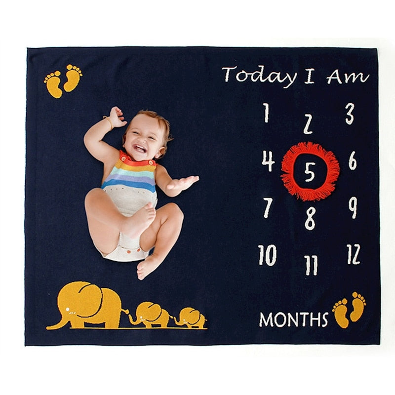 Elephants Monthly Milestone Cotton Blanket - Navy, White - Just Kidding Store