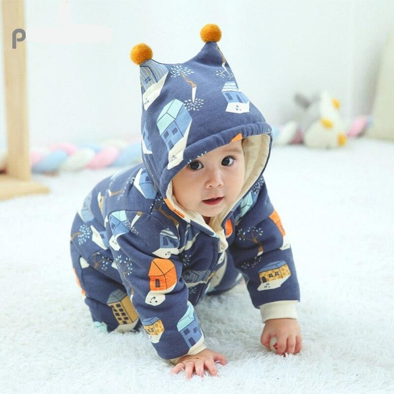 Cartoon House Hooded Thick Quilted Winter Romper