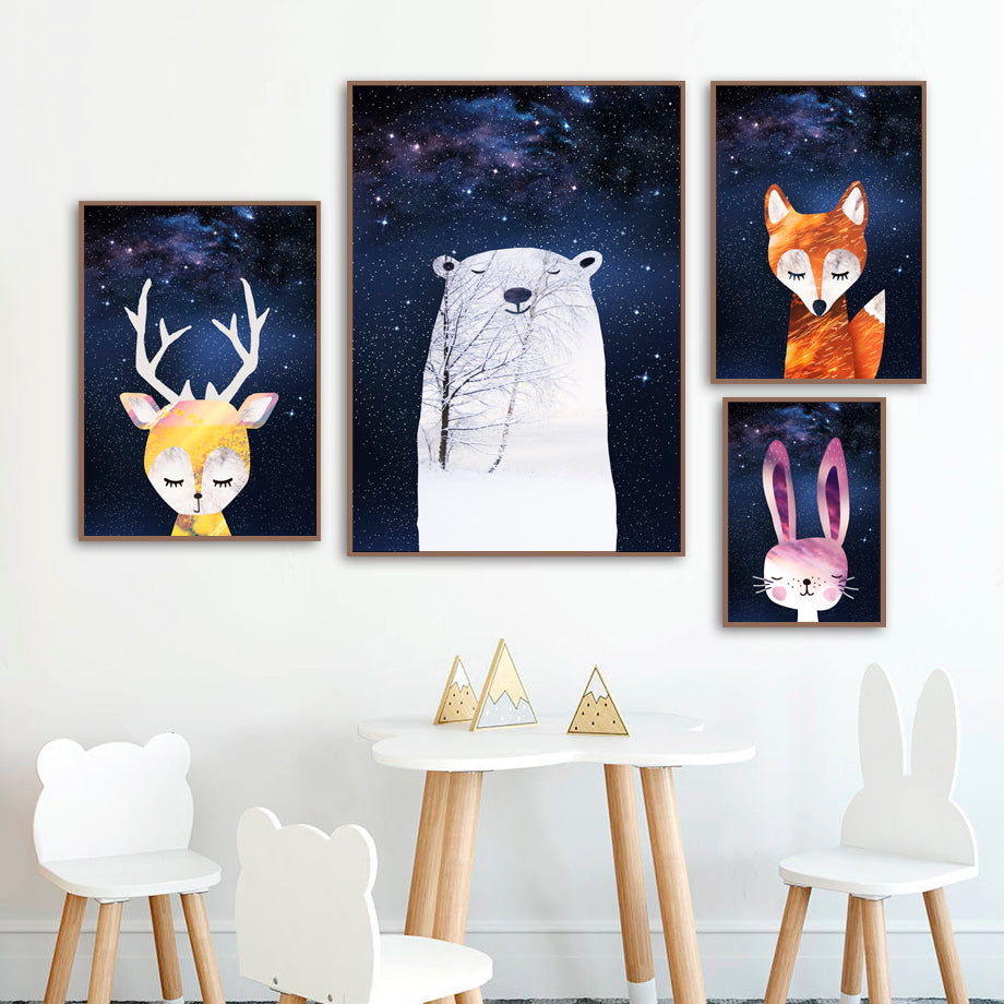 Starry Sky Canvas Painting - Bear Rabbit Fox Deer - Just Kidding Store