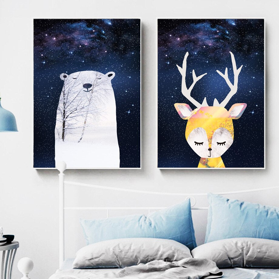 Starry Sky Canvas Painting - Bear Rabbit Fox Deer - Just Kidding Store