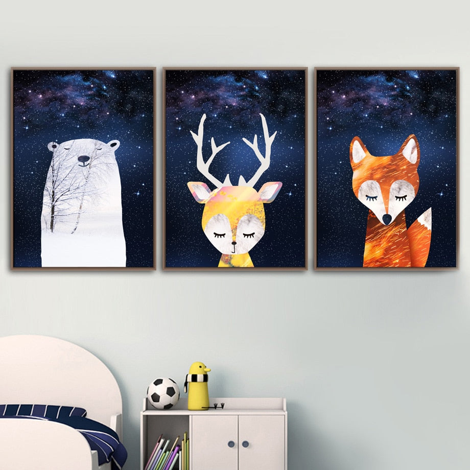 Starry Sky Canvas Painting - Bear Rabbit Fox Deer - Just Kidding Store