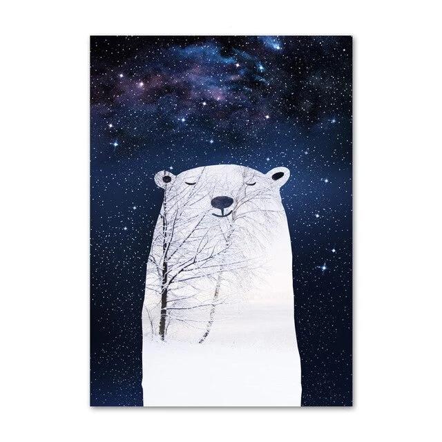Starry Sky Canvas Painting - Bear Rabbit Fox Deer - Just Kidding Store