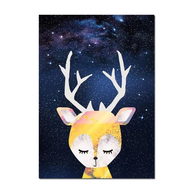 Starry Sky Canvas Painting - Bear Rabbit Fox Deer - Just Kidding Store