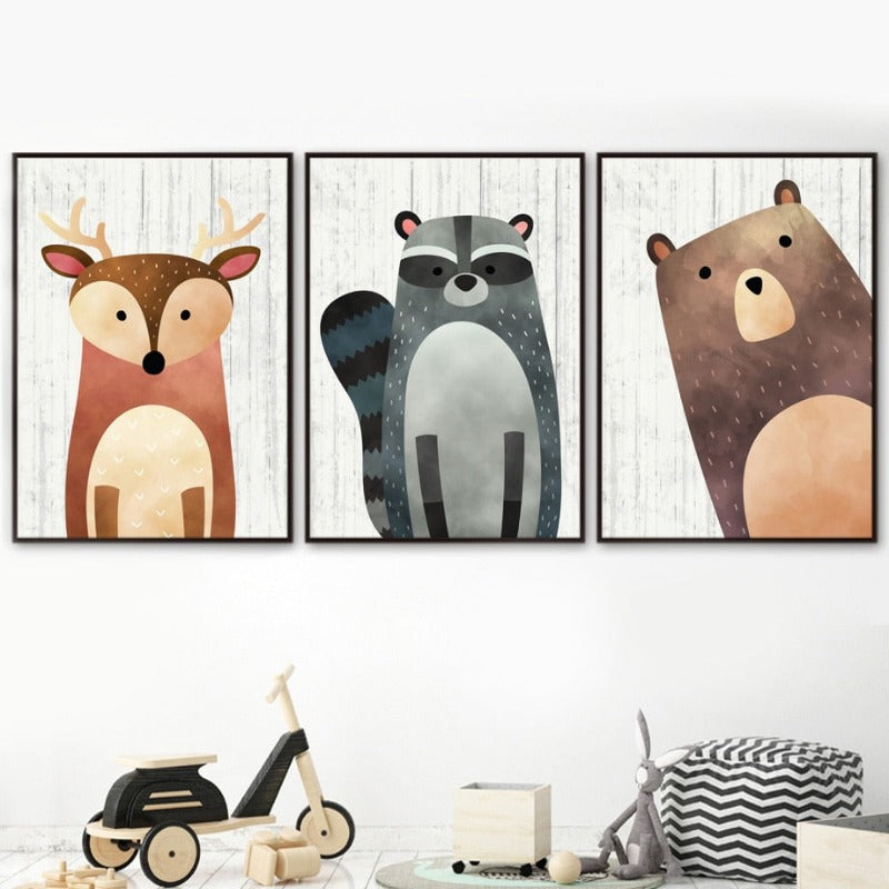 Woodland Animals Kids Canvas Art Raccoon Bear Fox - Just Kidding Store