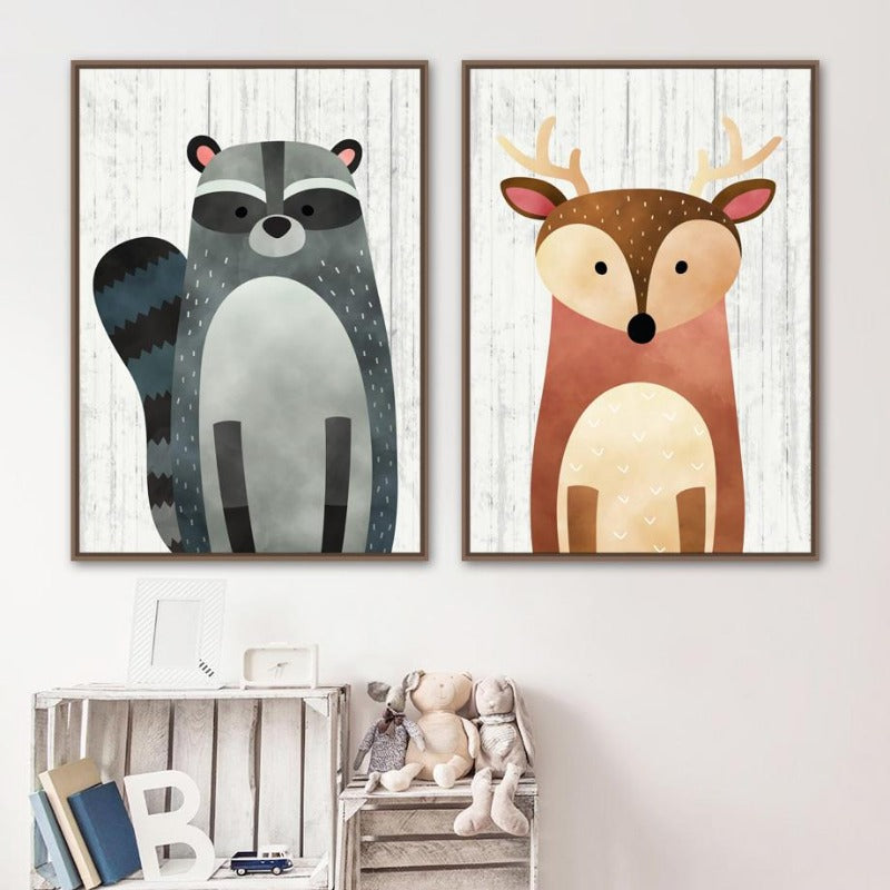 Woodland Animals Kids Canvas Art Raccoon Bear Fox - Just Kidding Store