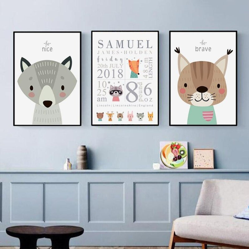 Woodland Animals Personalised Birth Details Canvas Wall Art- Just Kidding Store