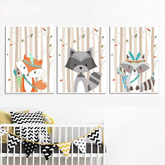 Woodland Animals Canvas Wall Art  - Tribal Fox Raccoon - Just Kidding Store