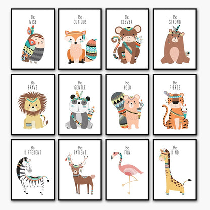 Tribal Animals Kids Canvas Wall Art - Deer Fox Bear Zebra Panda Owl Lion Tiger Squirrel - Just Kidding Store