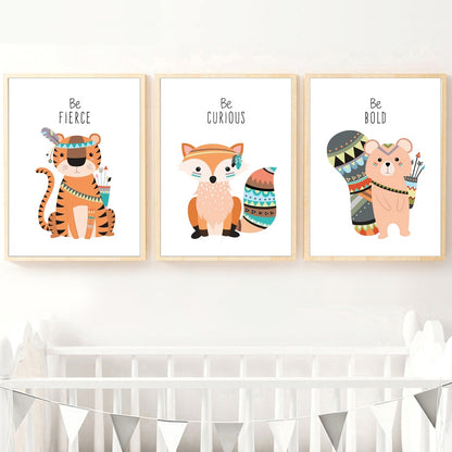 Tribal Animals Kids Canvas Wall Art - Deer Fox Bear Zebra Panda Owl Lion Tiger Squirrel - Just Kidding Store