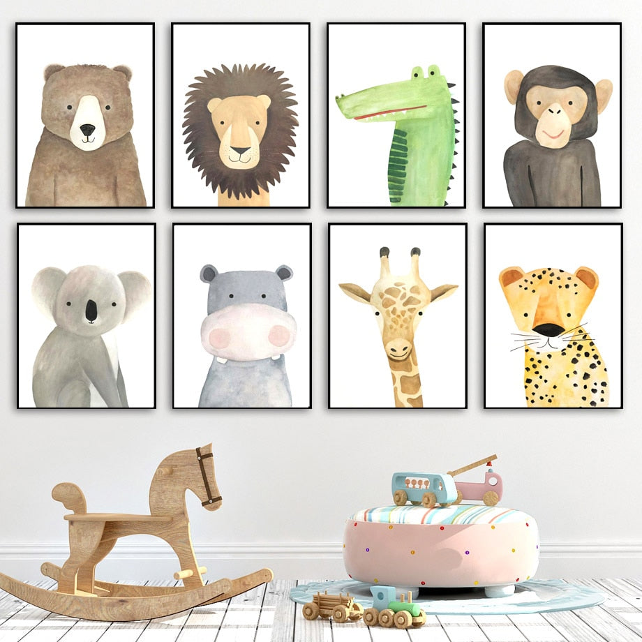 Watercolor Animal Series Canvas Wall Art - Bear Leopard Hippo Lion Monkey Giraffe Sloth Alligator Koala