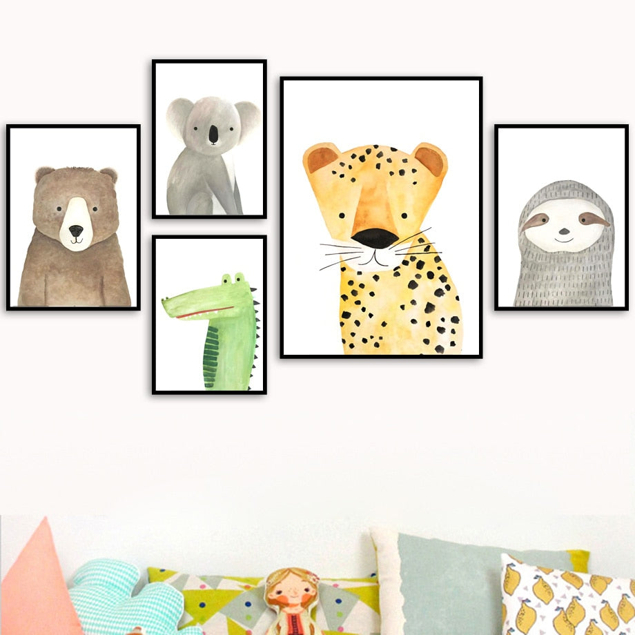 Watercolor Animal Series Canvas Wall Art - Bear Leopard Hippo Lion Monkey Giraffe Sloth Alligator Koala