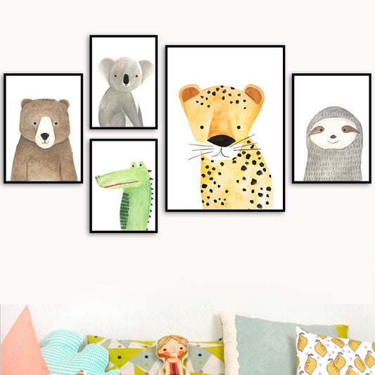 Watercolor Animal Series Canvas Wall Art - Bear Leopard Hippo Lion Monkey Giraffe Sloth Alligator Koala