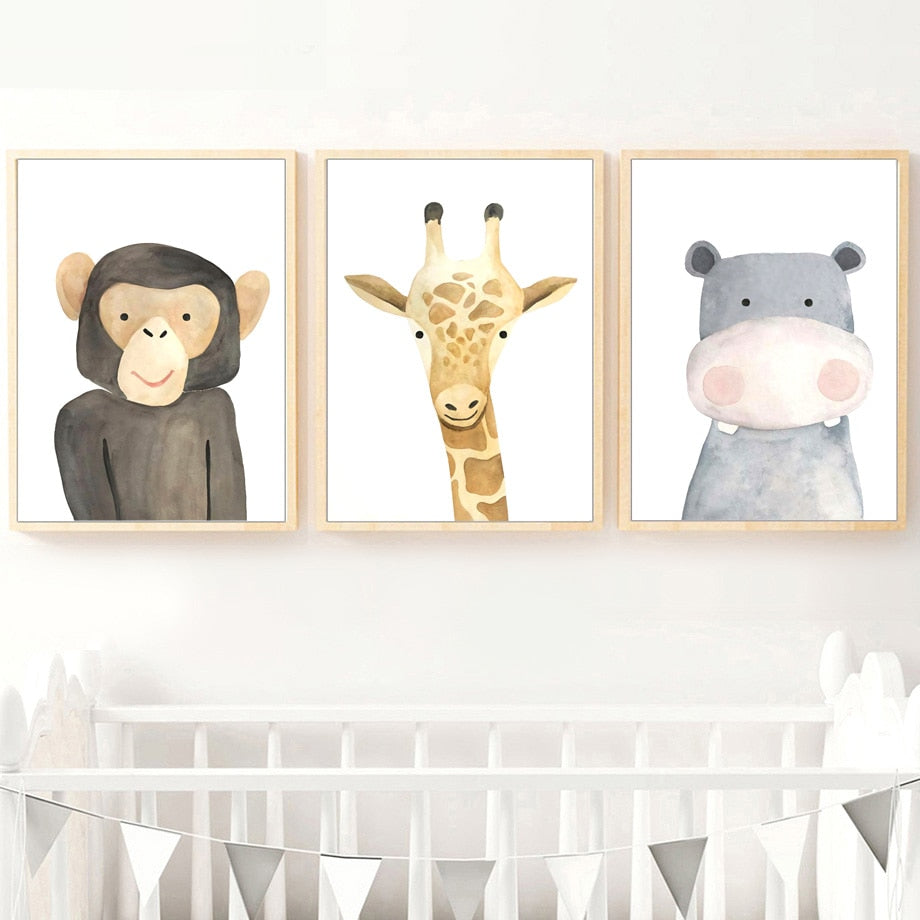 Watercolor Animal Series Canvas Wall Art - Bear Leopard Hippo Lion Monkey Giraffe Sloth Alligator Koala